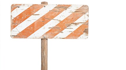 Blank wooden sign with diagonal orange and white stripes.