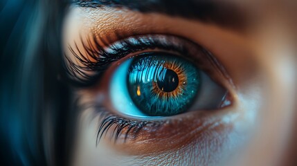 Close up macro shot of a blue eye with bright, detailed iris and long eyelashes
