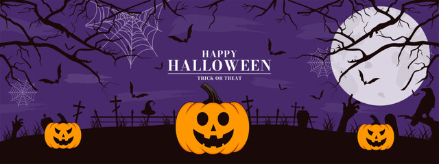 Happy Halloween banner. Pumpkin, bat, tombstone, grave, cross. Vector illustration.