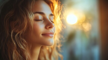 Peaceful woman with eyes closed, taking a deep breath with sun flare. Concept of relaxation, peace, and tranquility