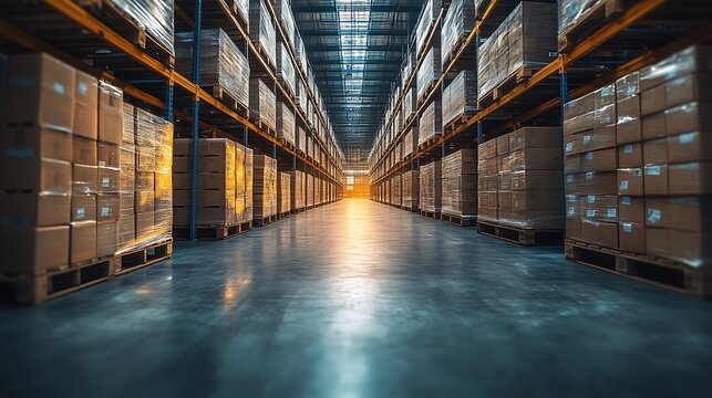 Empty warehouse aisle with stacked cardboard boxes on shelves. Industrial and logistics concept