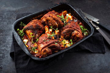 Traditional braised slow cooked lamb knuckle with eggplant and Greek feta cheese served as close-up on a rustic casserole with copy space