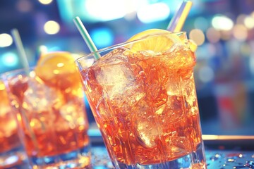 Vibrant Aperol spritz cocktails with ice cubes and orange slices glowing under neon lights creating a lively and colorful party atmosphere in a chic modern bar