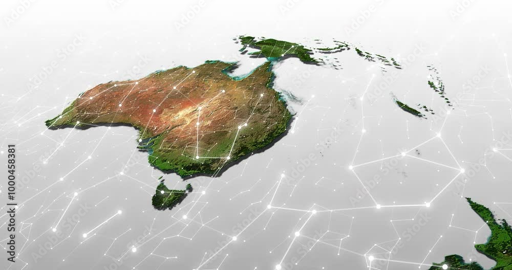 Poster Australia, map and network with grid for international or global communication. Future, hologram and world with blockchain data or traffic on continent for cloud computing or satellite interface
