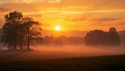 Breathtaking sunrise over misty landscape with silhouettes of trees and mountains in the background