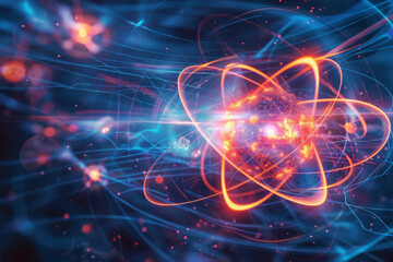 Abstract digital representation of an atom with glowing nucleus and orbiting electrons. Quantum Physics, Digital Art