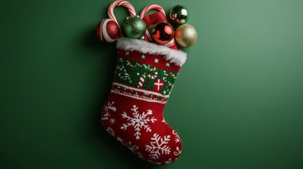 Colorful Christmas stocking filled with candy canes and ornaments against a vibrant green background during the holiday season