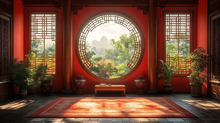 Red Chinese traditional room interior with circular window,  plants, and wooden bench