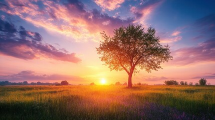 Fototapeta premium Solitary Tree Silhouetted Against a Vibrant Sunset Sky Over a Field of Grass and Purple Flowers