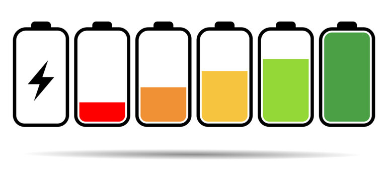 Battery colorful icons. Battery charge level indicators. Phone Battery life icon. Charging energy icons. Collection of battery power
