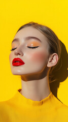 closeup of woman with closed eyes and makeup dramatic cateye eyeshadow yellow background red lipstick makeup brand marketing social media post fashion beauty