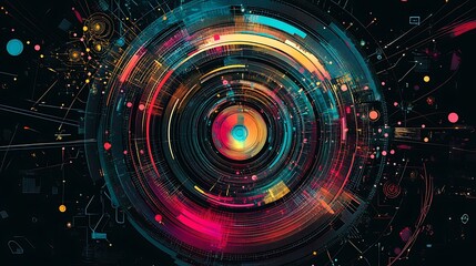 Fototapeta premium Abstract circular design with colorful lights and lines on a black background.