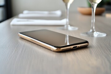 Sleek gold smartphone resting on a wooden table with two martini glasses in a minimalist dining setup highlighting luxury modern design and minimalistic elegance