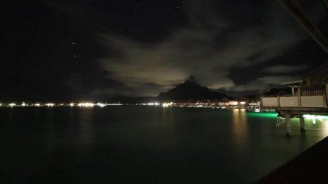Night time lapse from overwater bungalow in bora bora