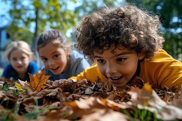 Hyper-realistic outdoor classroom setting, where children explore nature, with the textures of leaves, grass, and the children's curious expressions vividly captured