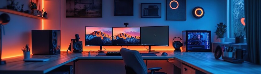 Fototapeta premium A modern workspace with two monitors illuminated by ambient lighting, creating a vibrant and productive environment.