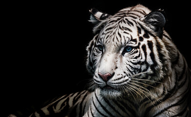 Close-up view of a white tiger or bleached tiger. Low-key lighting view of a wild animal, isolated on a black background, banner. Created using generative AI tools