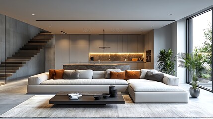 Modern living room interior design with sectional sofa, wooden coffee table, and large windows