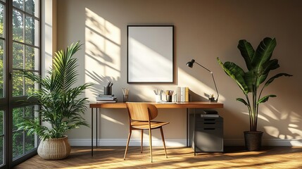 Bright and minimalistic home office with plants, wooden desk, and modern decor, perfect for inspiring creativity and productivity.