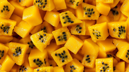 a close-up, top-down view of diced passion fruit spread across the entire frame, filling the image with their bright yellow and orange flesh and dark seeds in uniform cubes