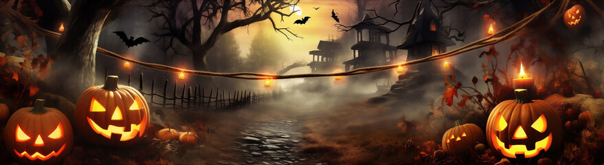 Haunted village scene at sunset with pumpkins, fog and bats flying around.