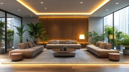 Fototapeta premium Modern living room interior design with warm lighting, wooden floors, and large windows.