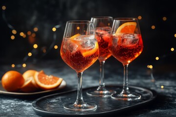 Three glasses of Aperol spritz with orange slices and ice set on a dark background with warm candlelight creating a cozy intimate atmosphere of social celebration