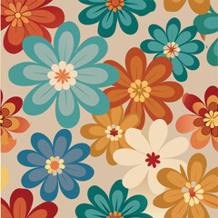 Fototapeta premium Seamless floral pattern featuring colorful blossoms, leaves, and vintage-inspired design elements, perfect for spring and summer textile decoration or vector wallpaper