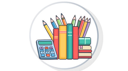 Fototapeta premium Colorful School Supplies and Calculator with Books and Pencils Illustration