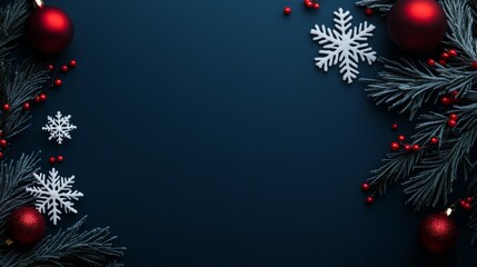 Elegant dark blue backdrop adorned with white snowflakes and red baubles, perfect for festive winter celebrations and holiday designs