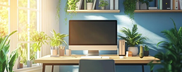 Bright and inviting home office with greenery, modern desk, and computer. Ideal for remote work or creative inspiration.
