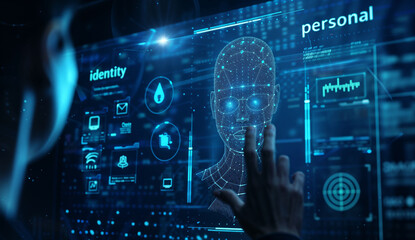 Digital identity concept with wireframe head and personal data icons. Holographic display showing facial recognition and biometric information. Cybersecurity and data protection blue visualization