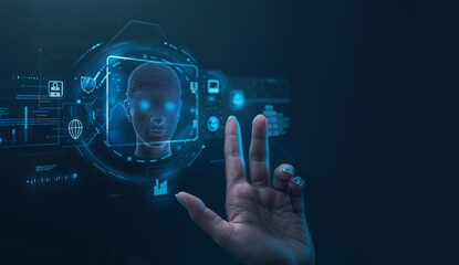 Futuristic biometric scanning interface with 3D facial recognition. Hand interacting with holographic display showing digital identity verification. Cutting-edge technology concept for personal data 