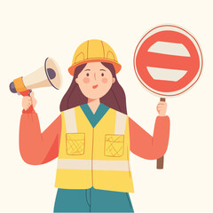 Road worker Woman character holds stop sign. flat cartoon illustration