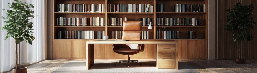 Modern office interior featuring a sleek wooden desk, an ergonomic chair, a bookshelf, and indoor plants.