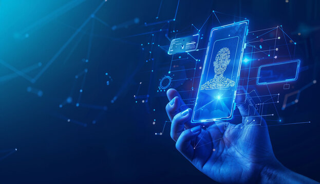 Holographic 3D projection of digital ID card floating above hand. Interconnected network lines and data nodes surround virtual document. Futuristic concept of electronic identification in digital era