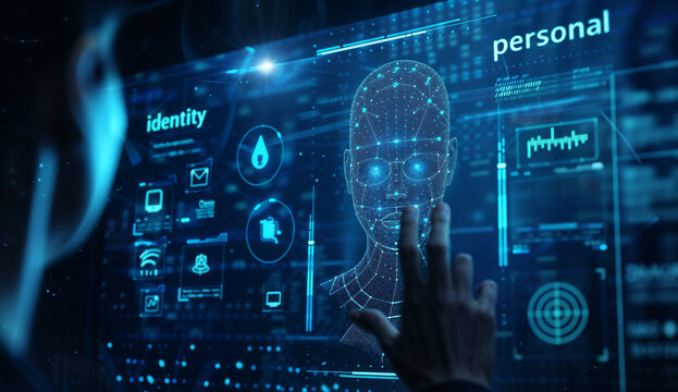 Digital identity concept with wireframe head and personal data icons. Holographic display showing facial recognition and biometric information. Cybersecurity and data protection blue visualization