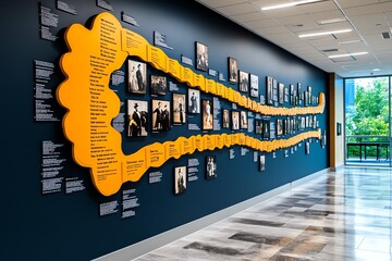 Interactive timeline on a classroom wall, filled with historical events, photos, and dates, allowing students to visually explore history