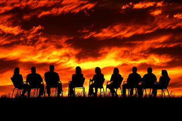 Fototapeta premium Silhouettes of people sitting in chairs against vibrant sunset sky create striking scene of contemplation and connection. warm colors evoke sense of unity and reflection