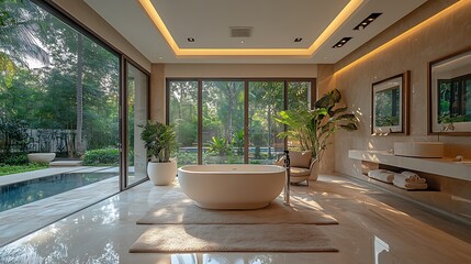 Fototapeta premium Modern bathroom interior design with freestanding bathtub and large windows overlooking backyard pool