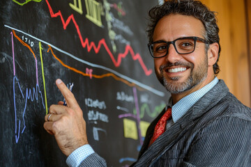 confident executive presenting graph on chalkboard, showcasing business trends and data analysis. His engaging smile reflects enthusiasm for topic