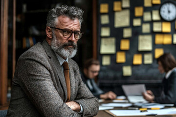 thoughtful man with glasses and beard sits at table, surrounded by colleagues engaged in discussion. atmosphere is focused and collaborative, with sticky notes on wall