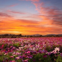 Fototapeta premium 秋の夕暮れ時、オレンジ色に染まる空の下に広がるコスモス畑。風に揺れるピンクや白の花が面に咲き乱れ、遠くには沈みゆく夕日がゆっくりと空を染めていく 