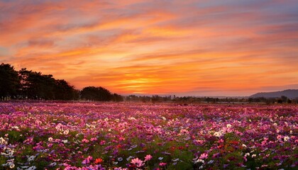 Obraz premium 秋の夕暮れ時、オレンジ色に染まる空の下に広がるコスモス畑。風に揺れるピンクや白の花が面に咲き乱れ、遠くには沈みゆく夕日がゆっくりと空を染めていく 