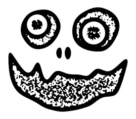 A spooky black and white abstract face design with wide, distorted eyes and a jagged, eerie mouth. Perfect for Halloween-themed designs and decorations.