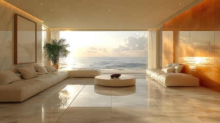 Fototapeta premium Modern living room interior design with large window overlooking ocean sunset