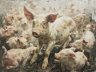 A Group of Pigs in a Mud Pen: A Realistic Painting