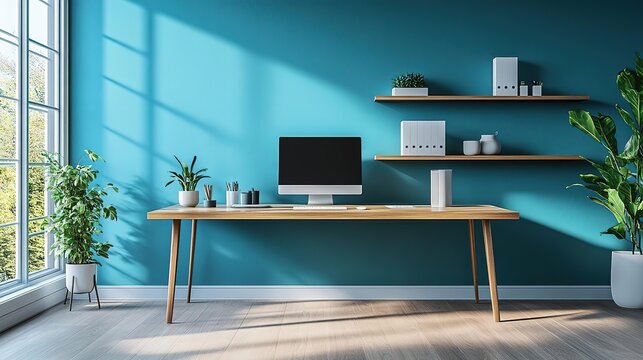 Stylish home office with a modern desk, computer, plants, and vibrant blue wall, perfect for productivity and inspiration.