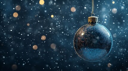 A shimmering glass Christmas bauble hangs against a dark blue snowy backdrop with soft light reflections during the festive season