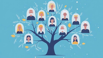 An illustrated family tree showcasing diverse characters in a colorful design, ideal for family-related themes.
